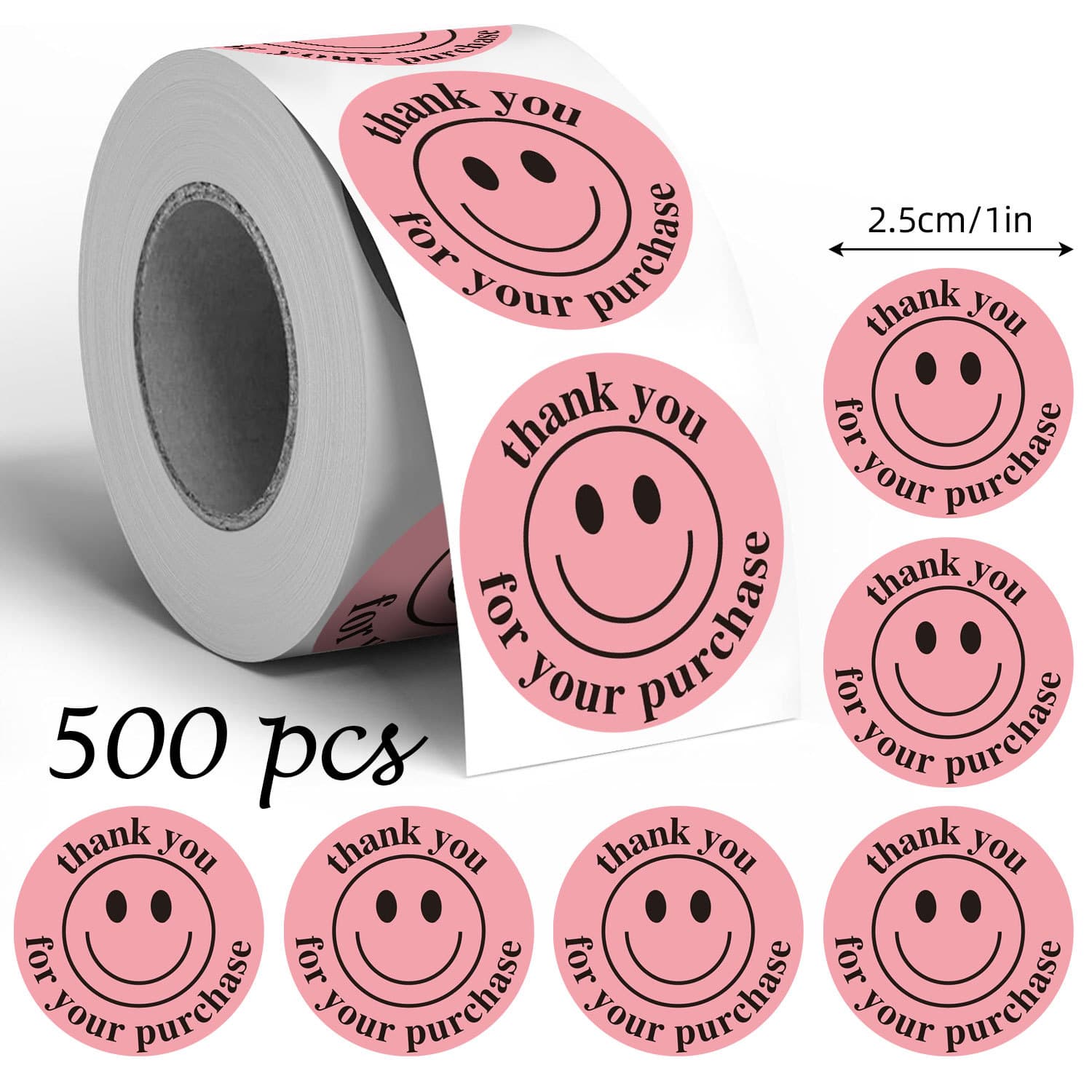500 stickers/roll pink smiley English thank you graffiti stickers 1 inch creative gift packaging baking sealing stickers