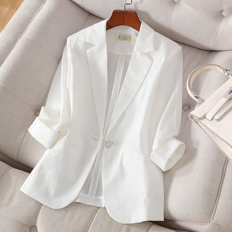 White Small Suit Jacket for Women Summer Thin 2025 New Three-Quarter Sleeve Lightweight Suit Linen Short Top Summer Style