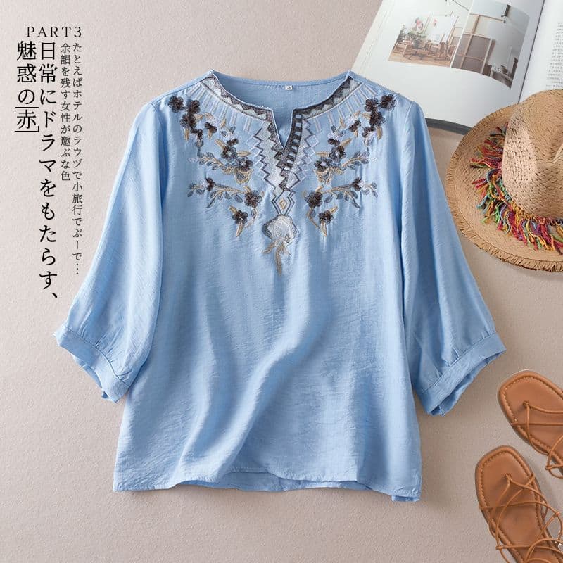 New Summer Vintage Cotton Linen Embroidered Casual Loose Short Sleeve V-Neck Top for Women