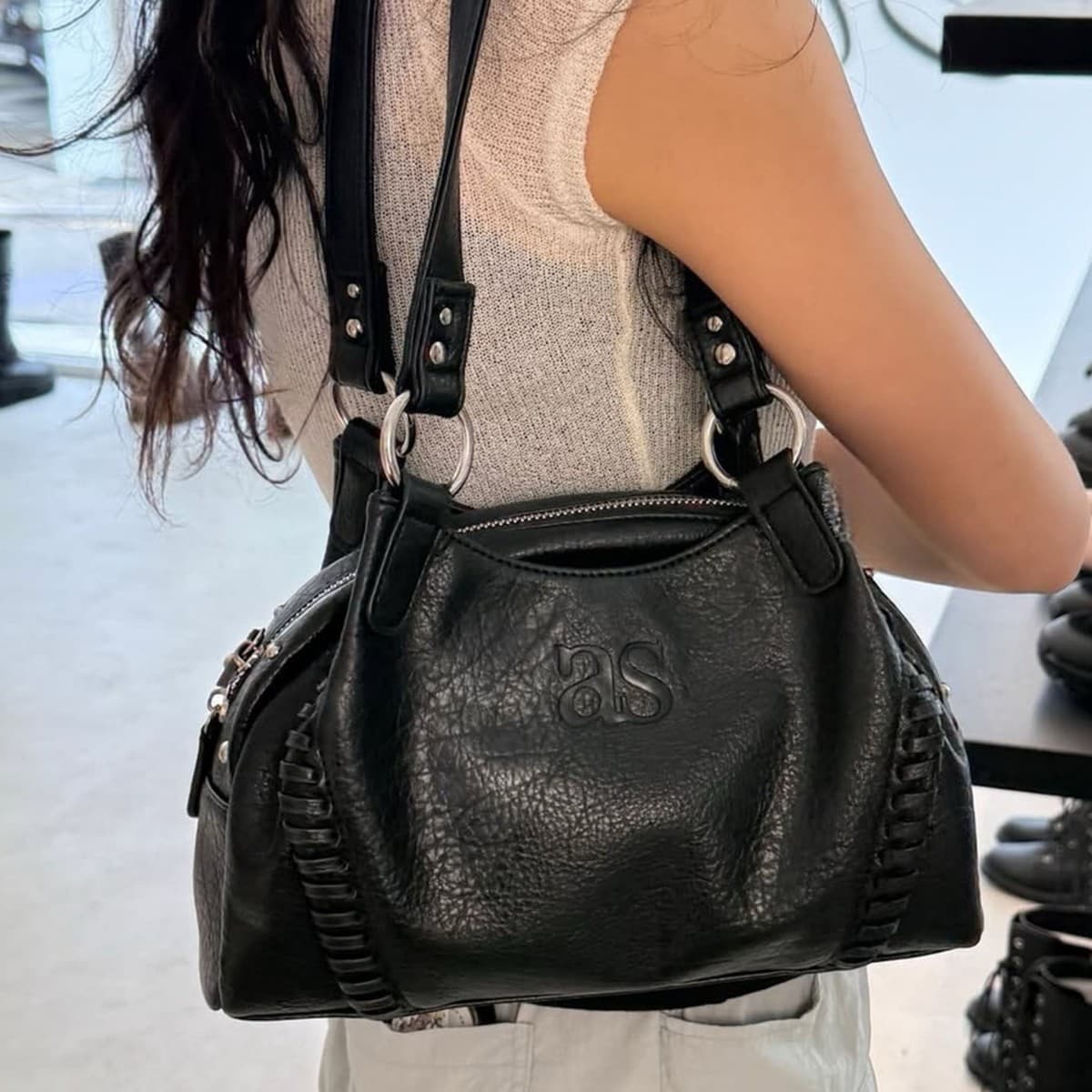 Korean Ason Wanderer Bag Leather Motorcycle Bag Women Cross-border Niche Large Capacity Tote Bag Shoulder Underarm Handbag