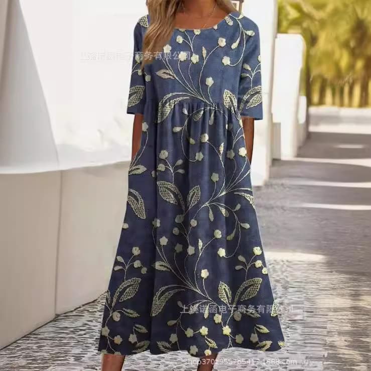 Amazon Cross-border 2024 Summer New European and American Women's Loose Fashion Premium V-Neck Printed Dress