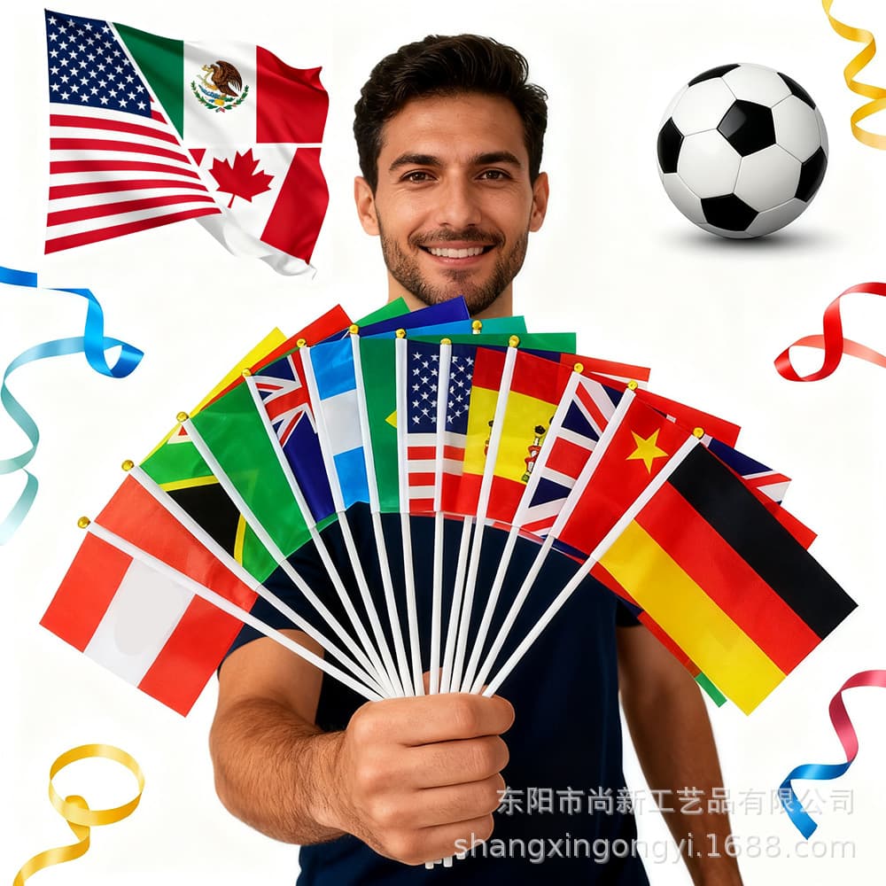 14*21cm World Hand-Waved Flag 200 Countries and Regions Mixed Flags with Pole United States, Canada and Mexico World Cup Colorful Flags Polyester