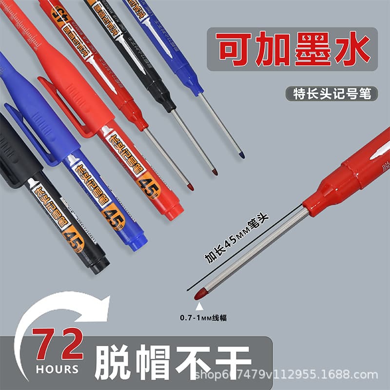45mm long-tip marker, refillable, for construction, woodworking, glass marking, oil-based, waterproof.