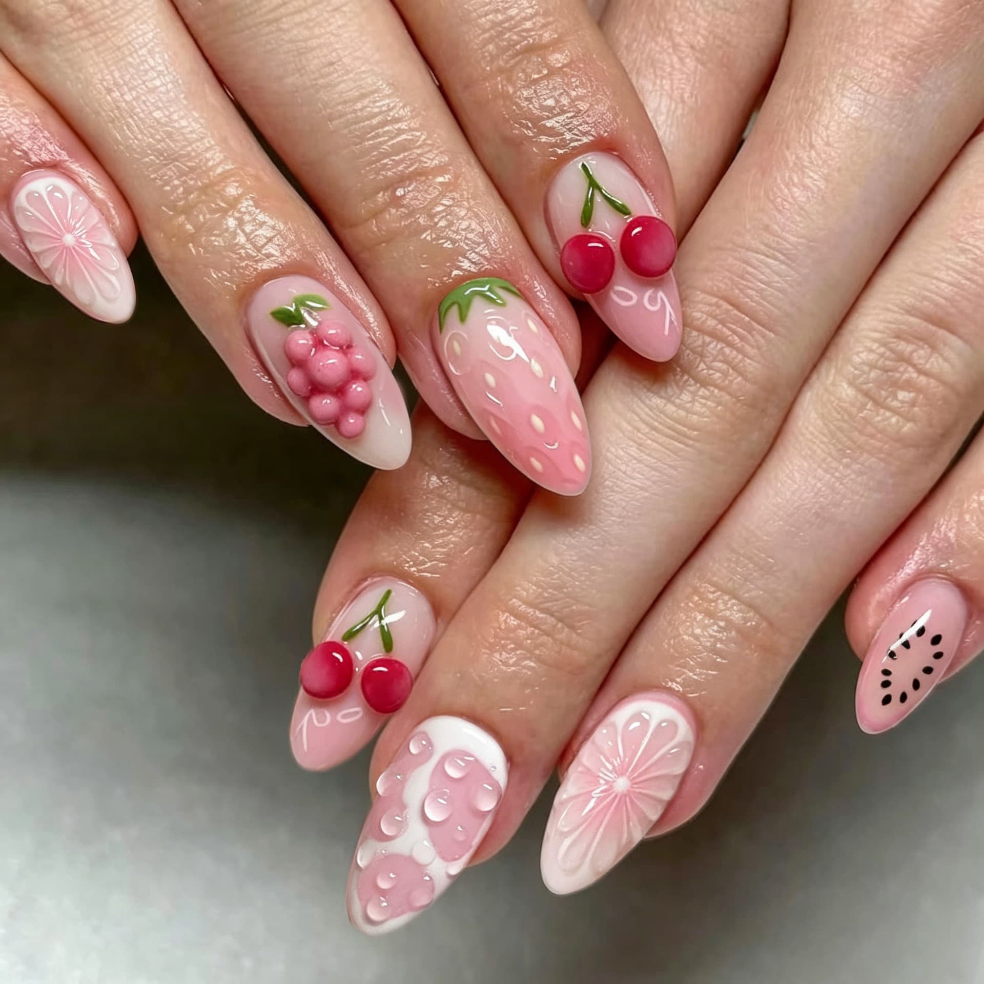 30-piece summer hot-selling sweet and cool fruit 3D three-dimensional grape cherry almond wearable nail art pink strawberry ins style