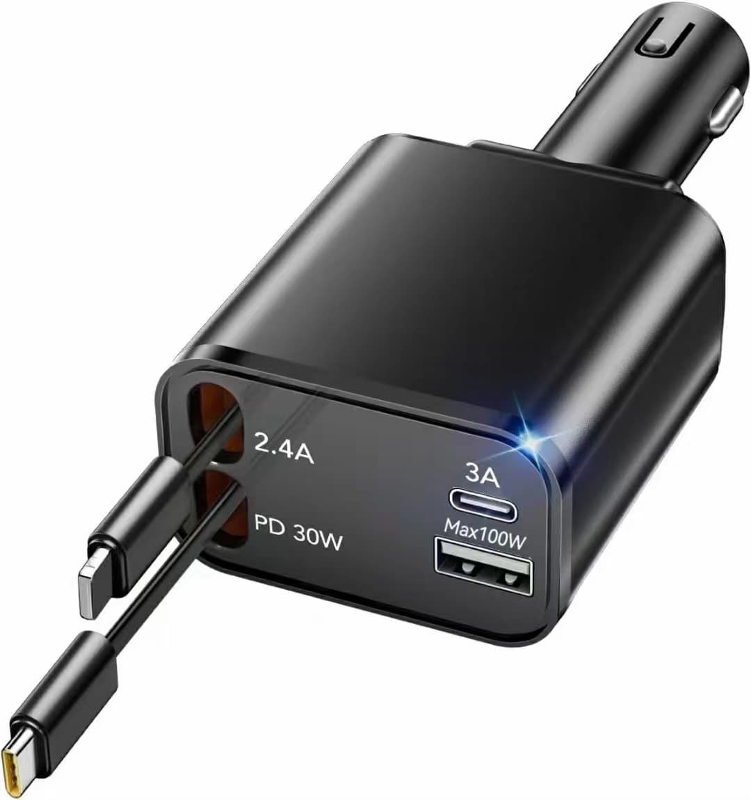 Cross-Border Car Charger with Cable 120W Super Fast Charging Retractable Cable 4-in-1 Cigarette Lighter Car Charger Wholesale