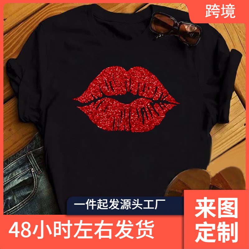 Christmas Print T-Shirt Sexy Red Lips Print Women T-Shirts Women Casu