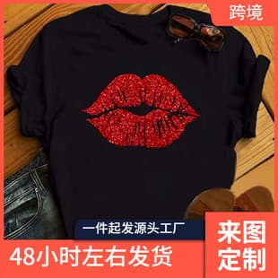Christmas Print T-Shirt Sexy Red Lips Print Women Tshirts Women Casual