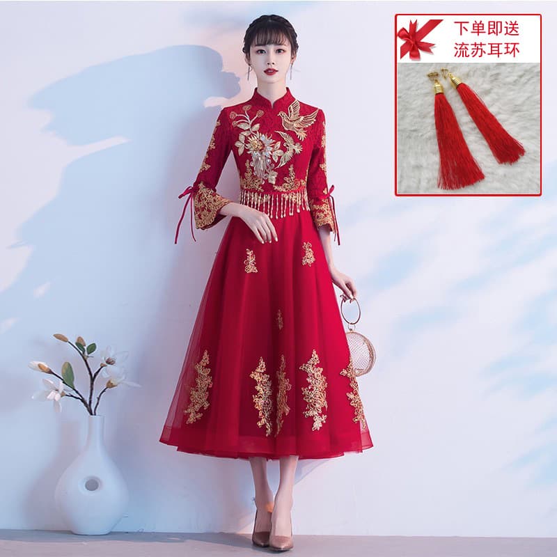 New Chinese Style Toasting Dress, Bride 2025 New Wedding Engagement Burgundy Dress, Qipao, Xiuhe Dress, Belly Covering, Children