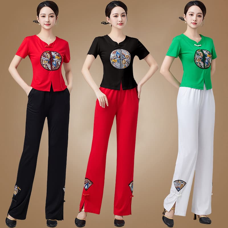 2024 new women's square dance attire, short-sleeve top, short-sleeve T-shirt, fitness casual wear, Chinese-style dancewear.