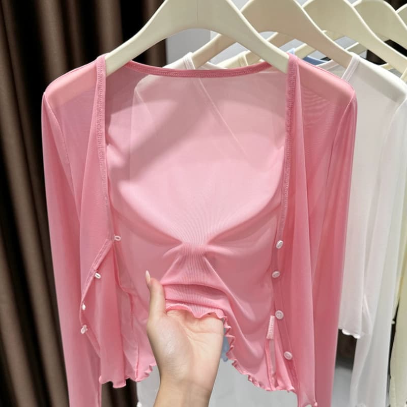 Ice Silk Cool Thin Gauze Sun Protection Cardigan for Women, Shawl Summer Matching with Dresses Strapless Outer Layer Cover-Up Mesh Top Short Version
