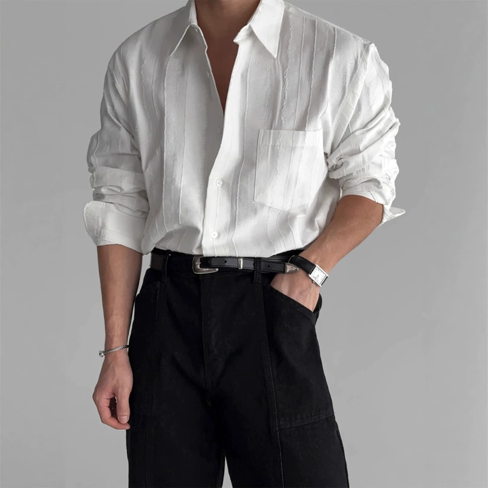 Men's Textured Long-Sleeve Shirt 2026 Business Smart Casual Striped Shirt Versatile Classic Retro Top