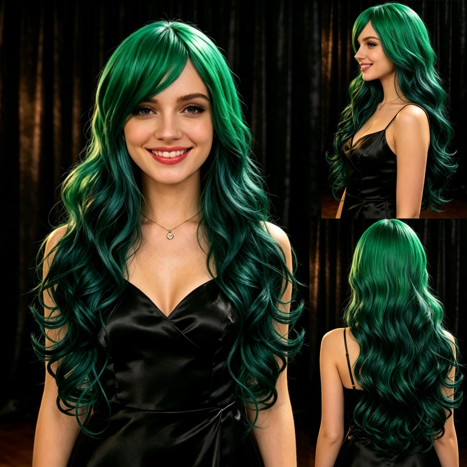 Cross-Border Europe & USA Wig Full Wig Ombre Green Wig Long Curly Hair Fiber High-Temp Silk Natural Big Waves