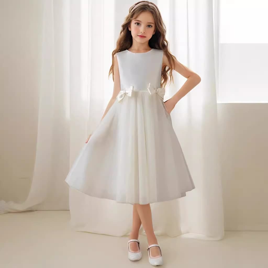 Girl's Piano Performance Dress Flower Girl White Satin Gown Little Girl Birthday Princess Dress Children's Performance Costume