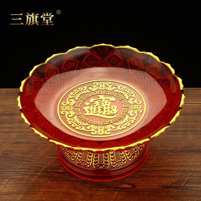 Household Crystal Offering Plate Buddhist Fruit Plate Altar Offering Wealth God Fruit Plate Plastic Red Tray Worship Plate