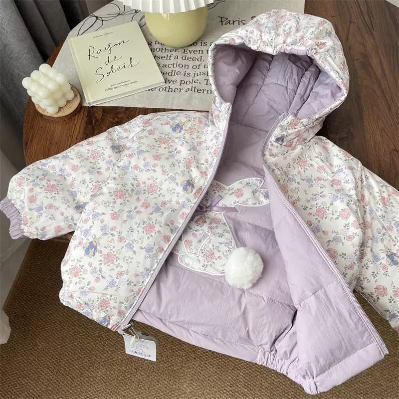 Girls' thickened coat can be worn on both sides 2025 new Korean style baby style floral casual cotton hooded cotton coat