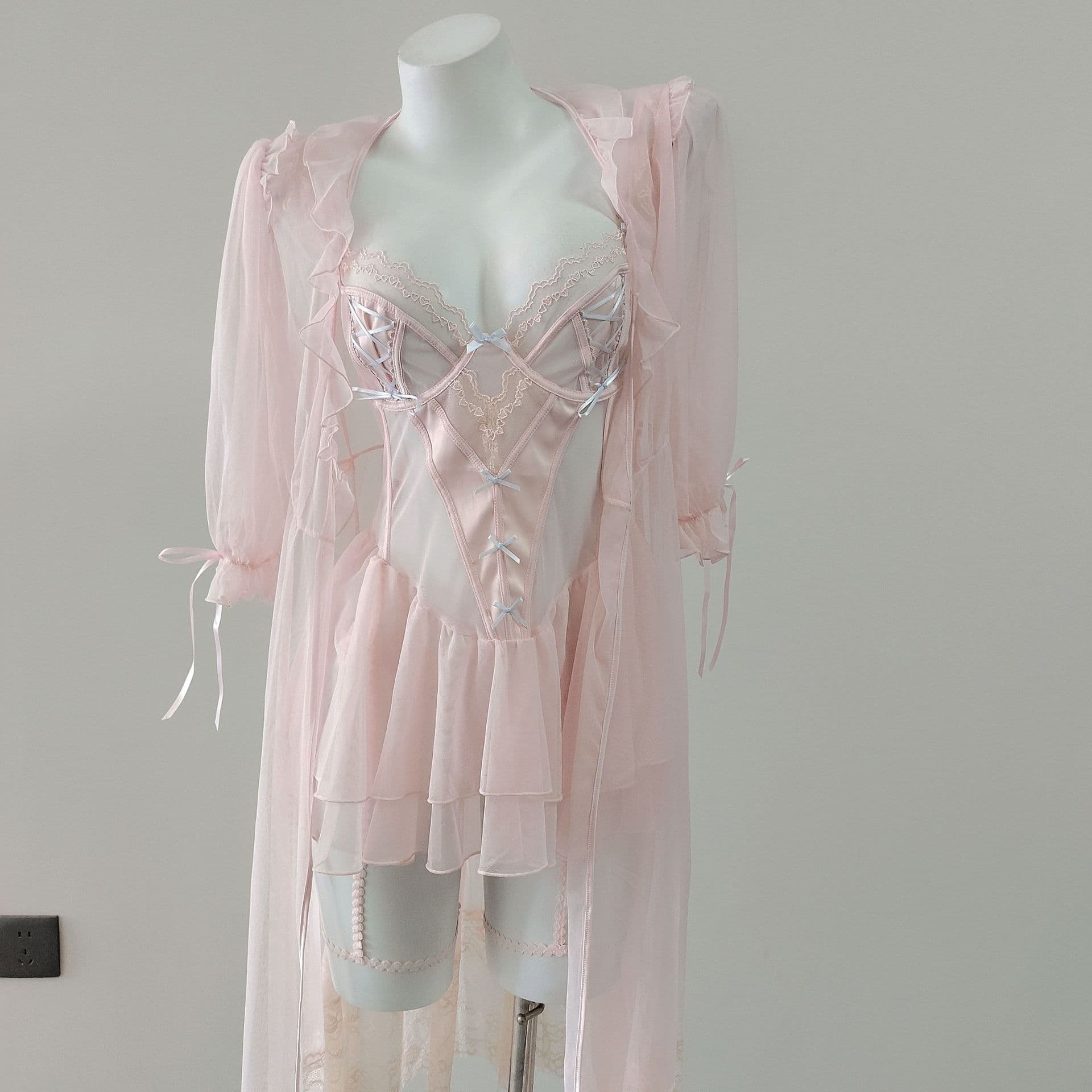 French Sexy Nightgown Women's Court Fairy Style Mid-Length Sexy Mesh Robe Lace Home Outerwear