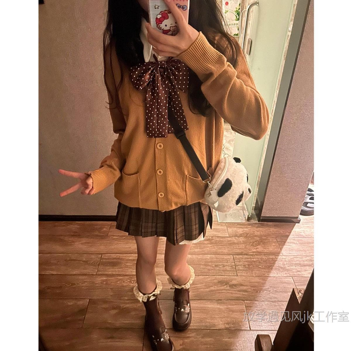 Original JK Uniform Autumn/Winter School Style Sweet Brown Knit Cardigan Layering Caramel Croissant JK Plaid Skirt Set