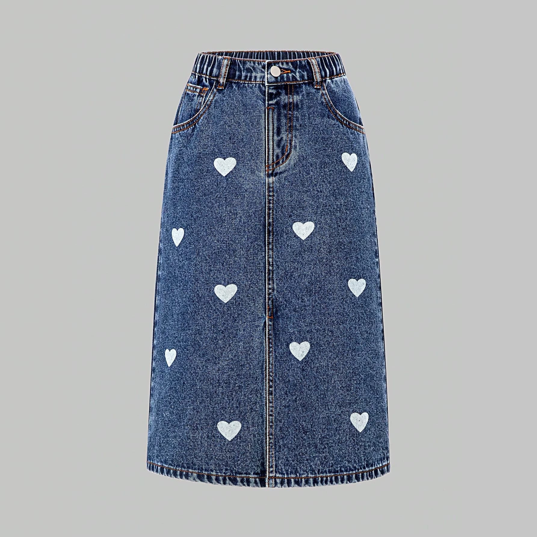 Cross-border Trade Teen Girls Washed Denim A-line Skirt Blue White Heart Print Casual Elastic Waist Split Skirt