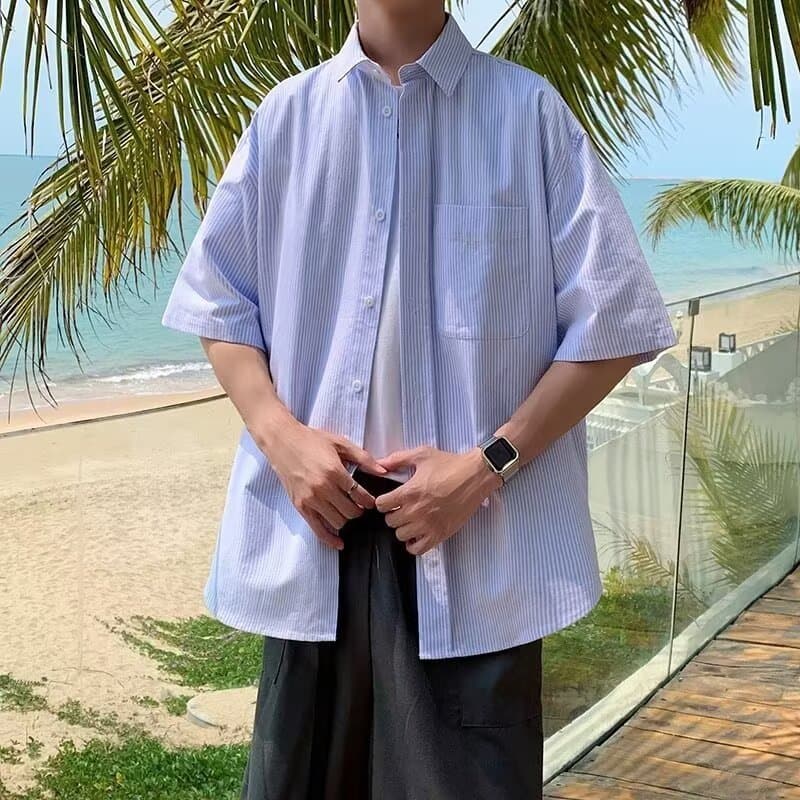 Light Blue Striped Shirt for Men and Women, Japanese Style Long Sleeve Casual Shirt, Loose Summer Top, Versatile Jacket, Men's Half Sleeve