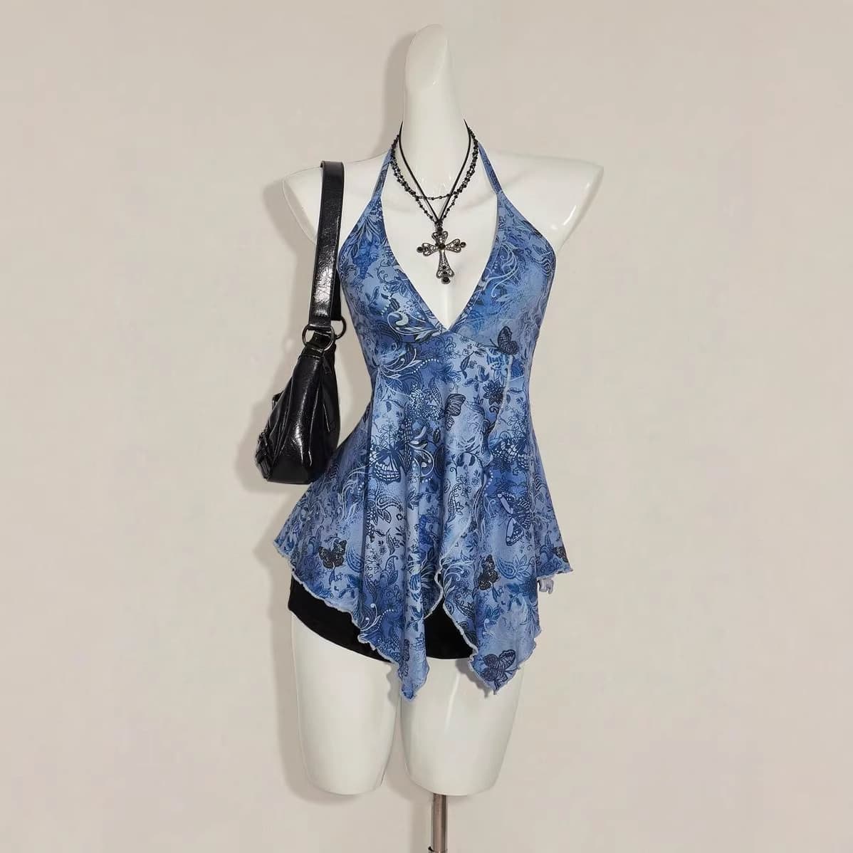 American Retro Blue Butterfly Halter Top Irregular Hem Tank Top Subculture Sweet Cool Style Camisole