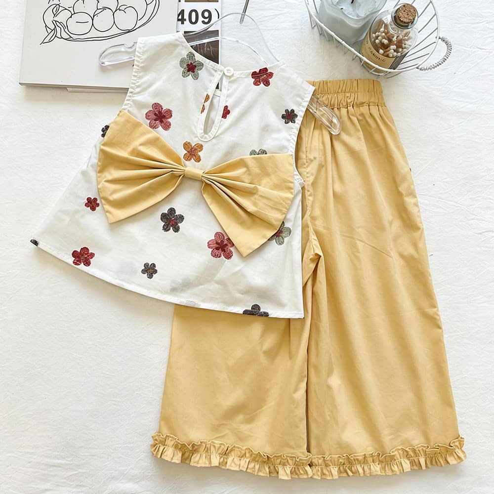 Girls colorful flower embroidered bow sleeveless babydoll suit summer fungus-edged wide-leg pants two-piece trendy set