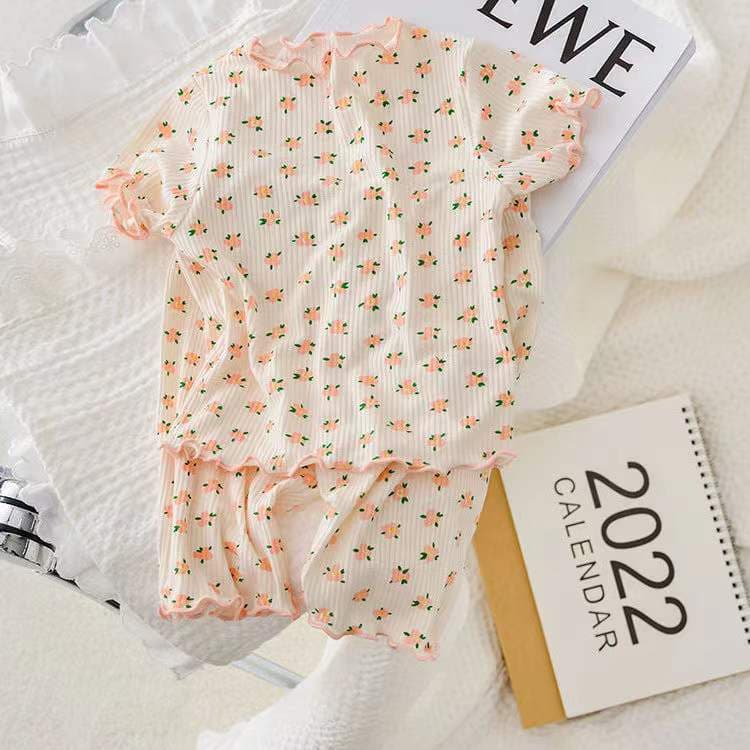 Ice Silk Floral Print Short Sleeve Outfit for Girls Summer Two Piece Set Sweet Style Baby Sleepwear Korean Version Outerwear