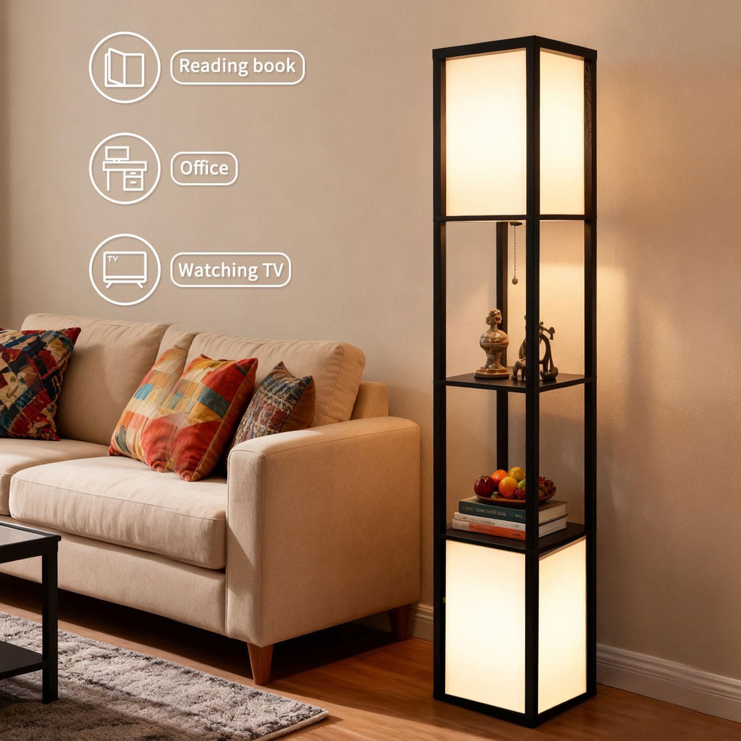 Integrated Floor Lamp with Shelves, Multi-Tier Shelf for Living Room, Bedroom Bedside, Vintage Standing Lamp, Ambient Shelf Lamp