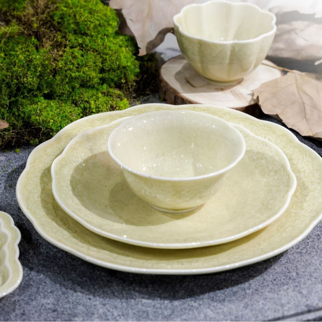 Fangsong Camellia Plate Set - Pear Yellow Dinner Plate, Breakfast Fruit Plate, Salad Plate, Serving Plate, Dip Dish, Cream Style