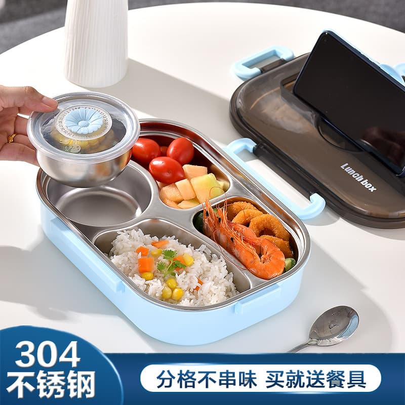 Insulated Lunch Box 304 Stainless Steel Plate Bento Box Student Microwave Plastic Lunch Daily Use Kitchen Box