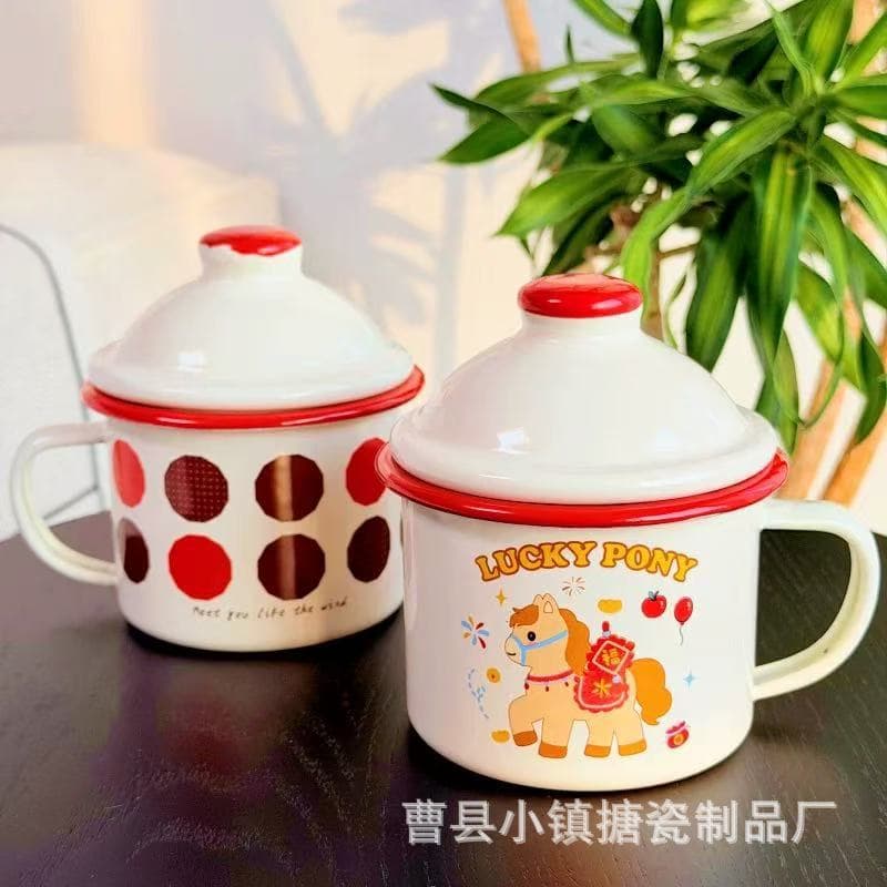 Year of the Horse gift enamel cup Horse to success auspicious horse pattern large capacity household mug with lid breakfast cup