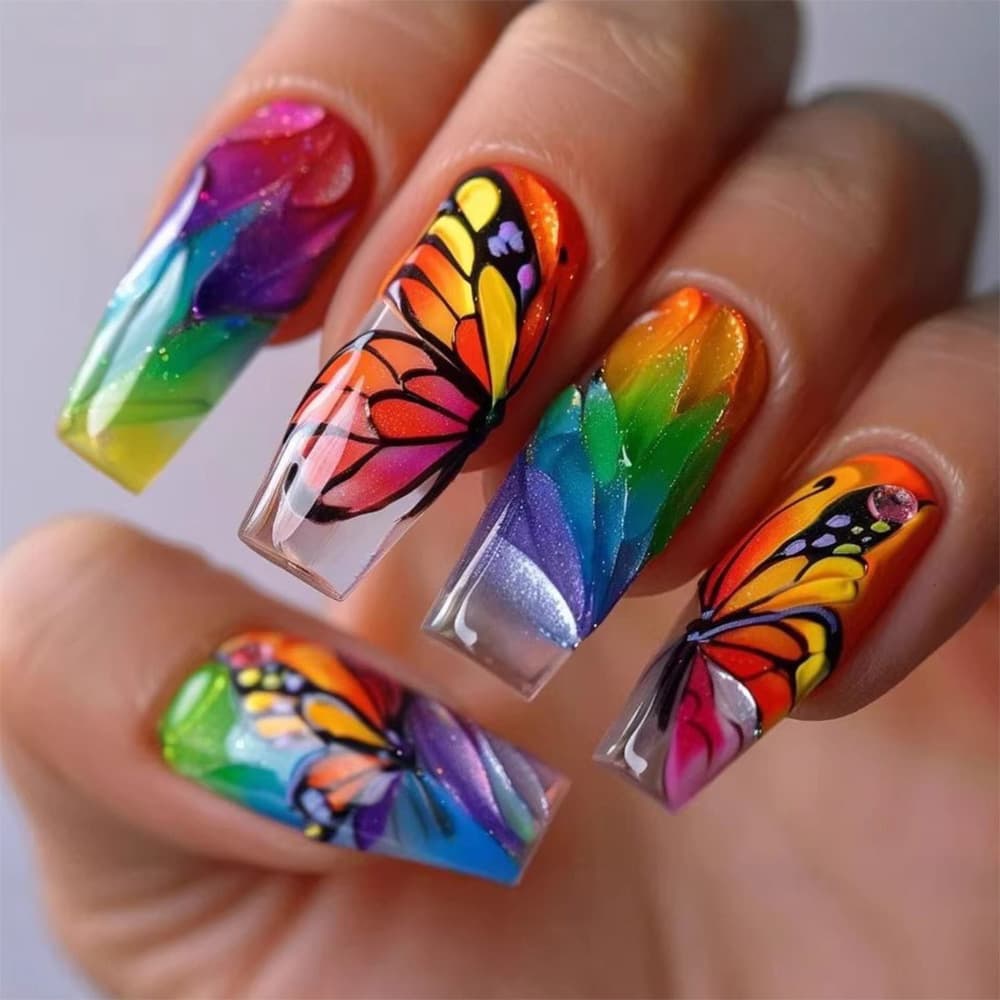 Cross-border Rainbow Gradient Butterfly Press-On Nails Fake Nails Manicure Stickers European and American High-End Detachable Nail Stickers