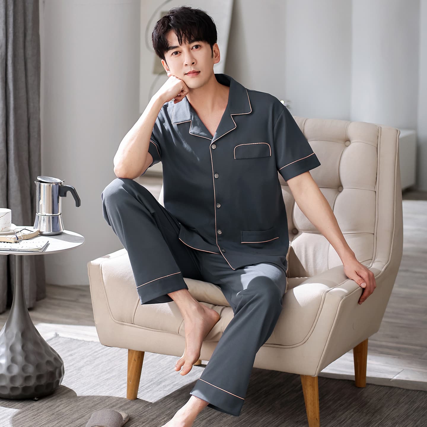 100% cotton men's pajamas summer short-sleeved trousers simple casual loose cardigan lapel men's summer home wear