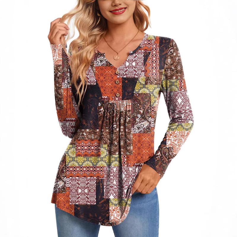 Women's Long Sleeve Waist-Cinched Top V-Neck Buttoned Shirt Casual Pleated Basic Style Overhead Polyester Fiber Crew Neck