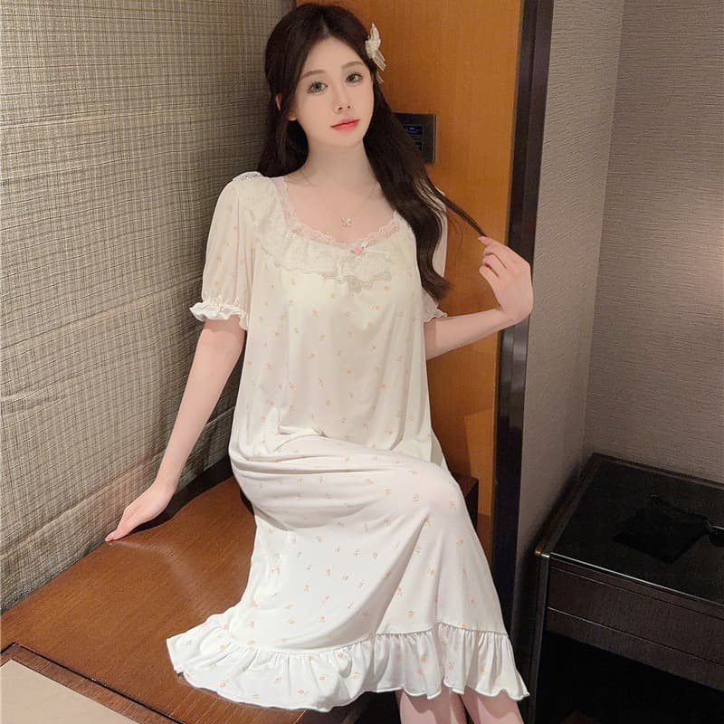In Stock Women's Pajamas Summer Modal Cotton Floral Comfort Lace Short Sleeve Nightgown Homewear with Fixed Bra Pads