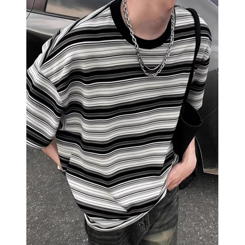 Heavyweight Cotton American Retro Striped Short-Sleeve T-Shirt for Men, Summer Loose Oversize Streetwear Casual Top