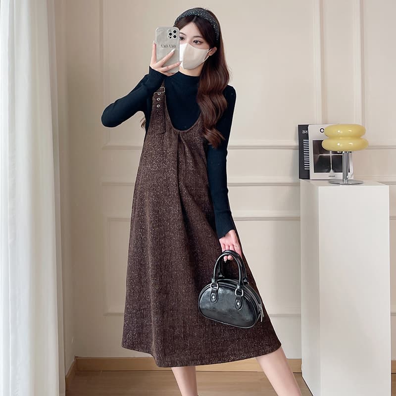 Maternity Dress Set Spring Fall Winter 2025 New Trendy Stylish Mom Loose Fit Over Belly Suspenders Two-Piece Set