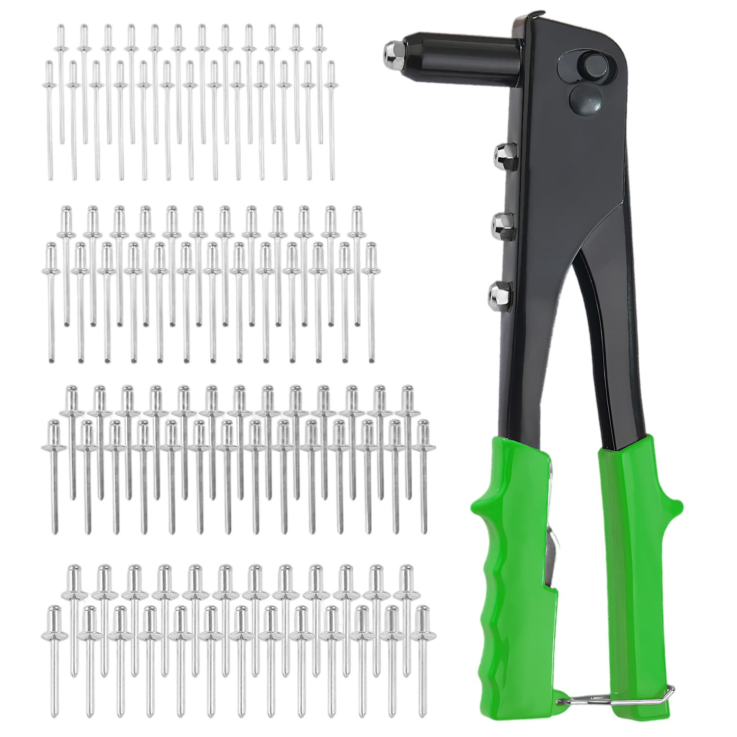 1 rivet gun with 3/32"-1/8"-5/32"-3/16" rivets, 4 sizes totaling 120 rivets