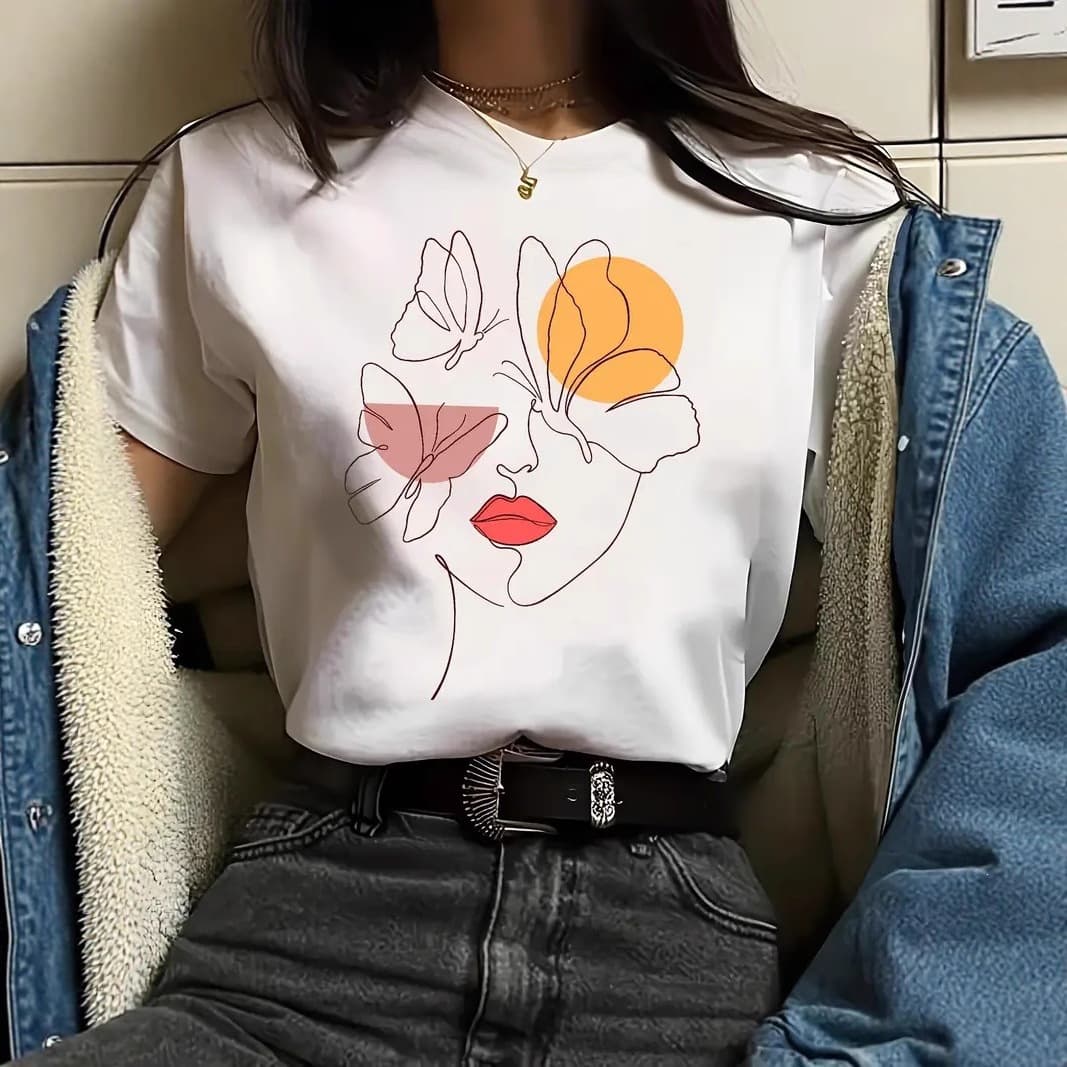 Fashion Abstract Art Graphic Print Short Sleeve T-Shirt Versatile Casual Women's Top Spring Summer Women's Clothing Shein Bestseller