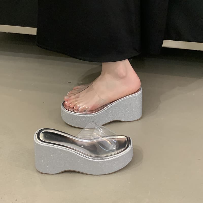 2026 new summer transparent high-heeled thick-soled flip-flops for women to wear silver heightening wedge beach sandals