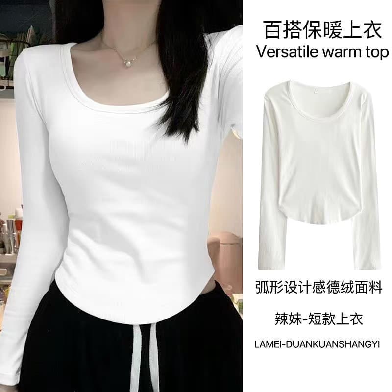 Douyin autumn and winter thickened fleece square neck long-sleeve T-shirt women's plus size slim inner wear warm versatile base layer top.