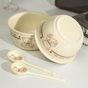 Ceramic Bowl Underglaze Color, Two Bowls Two Spoons or One Bowl One Spoon, Home Rice Bowl, High Appearance, Cute and Adorable New Tableware, Internet-Famous