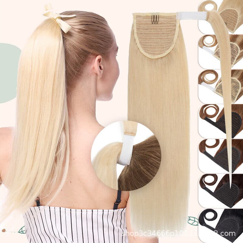 Real Hair Wig, Export Women's Straight Hair Wig with Velcro Ponytail Hair Extension