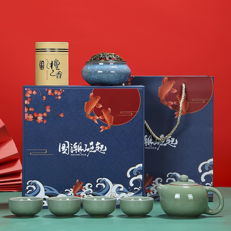 National Trend Tea Set, One Pot Four Cups, Ceramic Ge Kiln Xishi Kung Fu Teapot and Cups, Gift Box Souvenir Gift
