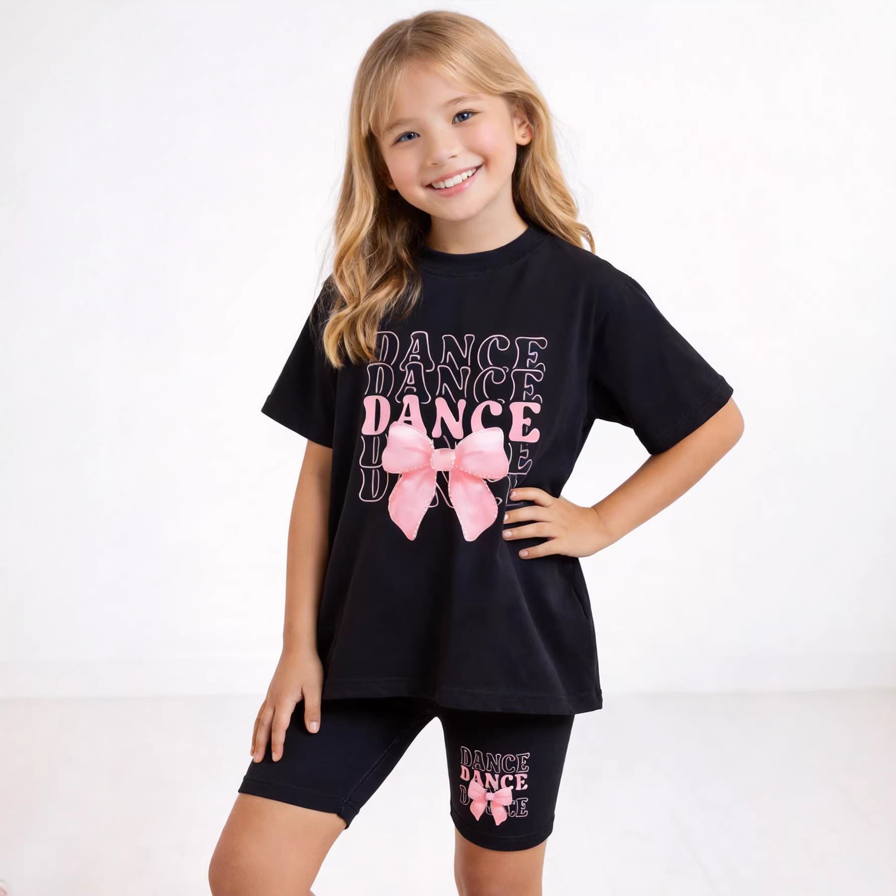Summer Girls Big Kids Bow Print Black Short Sleeve Top + Black Leggings Set Cross-Border Children's Clothing