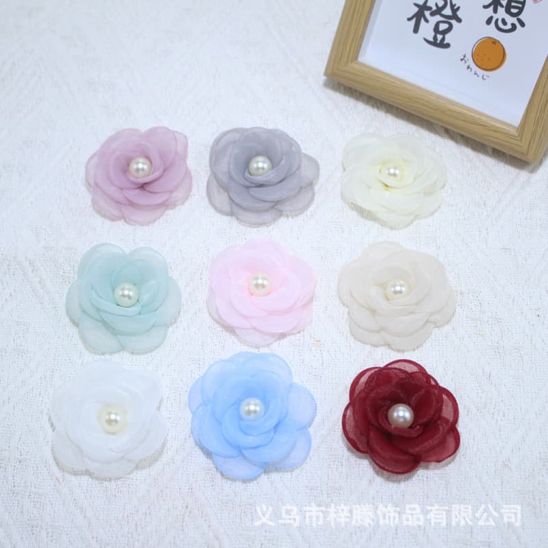 5.5cm 3D Multi-Layer Silk Mesh Flower with Single Large Pearl Center, Fabric Base, Decorative Flower for Women's Bags and Hats