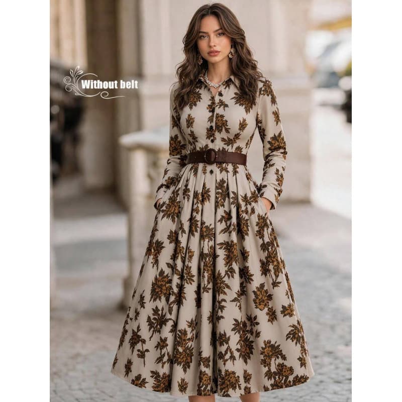 Cross-border Amazon US/EU 2026 Fall New Elegant Vintage Print Lapel Waist-Nipping Slimming Shirt Dress