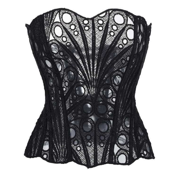 European and French Court Style Shapewear Top with Irregular Lace, Boning, Mesh Patchwork, and Print