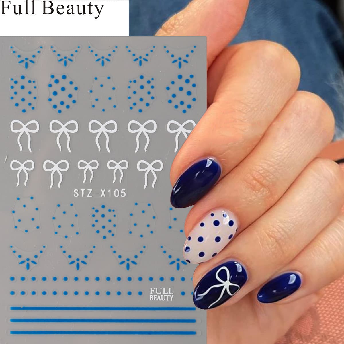 FULL BEAUTY Cross-border New Nail Stickers Ins Blue Polka Dot Bow French Line Nail Stickers