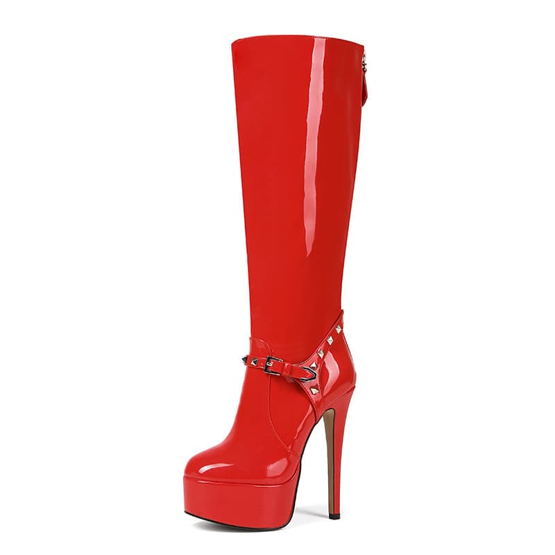 Red Patent Leather Knee-High Boots 2026 Export Autumn and Winter New European and American Style Round Toe Side Zipper Thick Heel High Heel Women's Boots