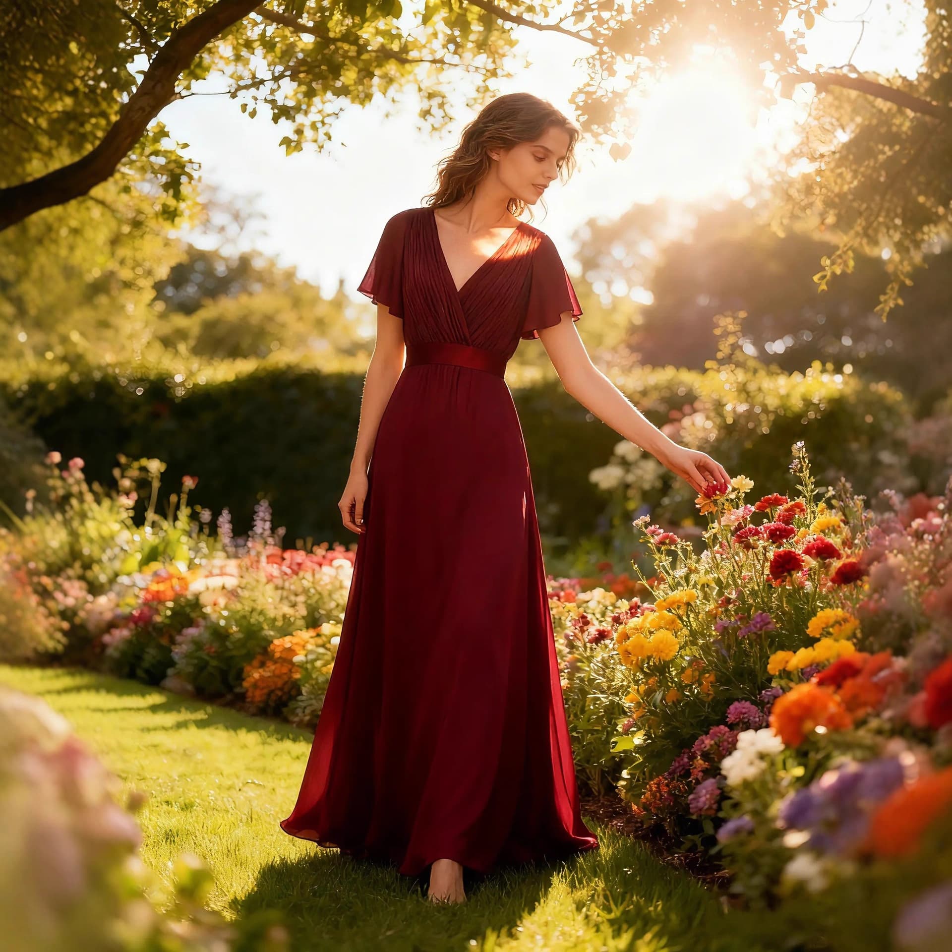 French Retro V-Neck Bell-Sleeve Waist-Cinching Chiffon Long Dress Banquet Plus-Size Women's Evening Dress Slimming